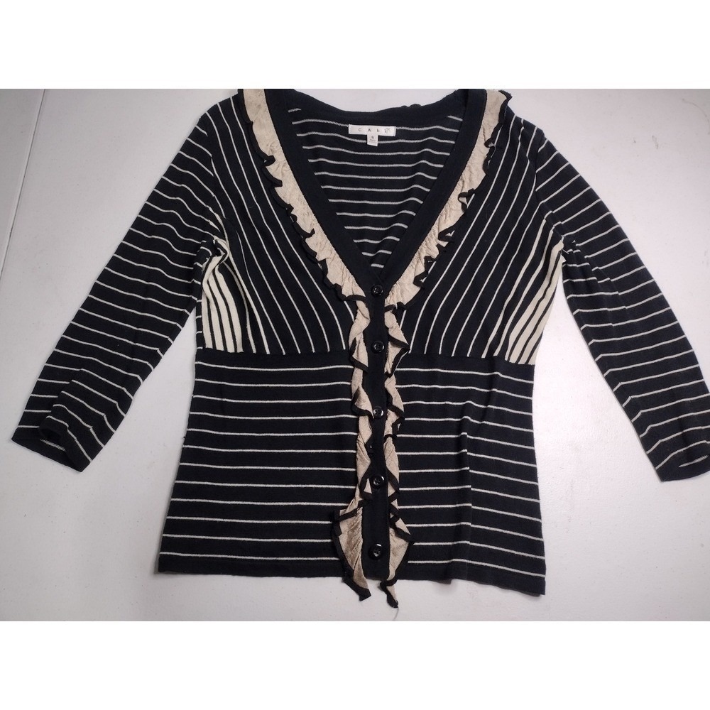 Y2K Cabi Black White Striped Ruffle Trim Button Front Cotton Sweater Small